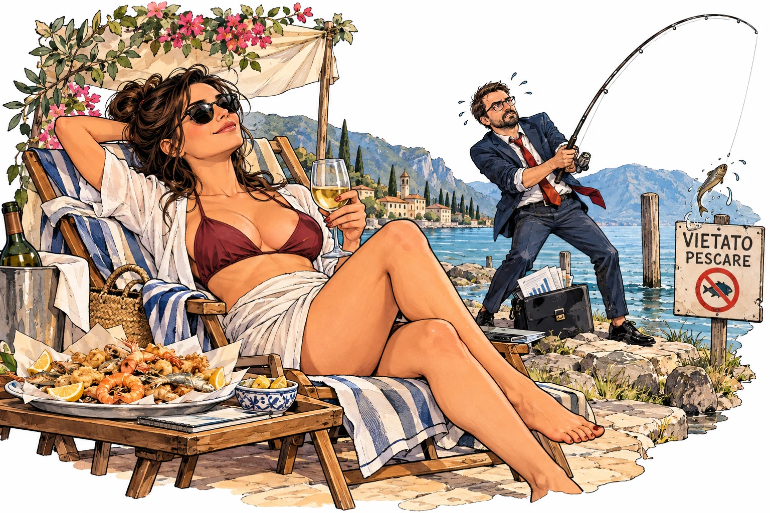 Elena riposa sulla sdraio mentre Davide pesca in giacca e cravatta