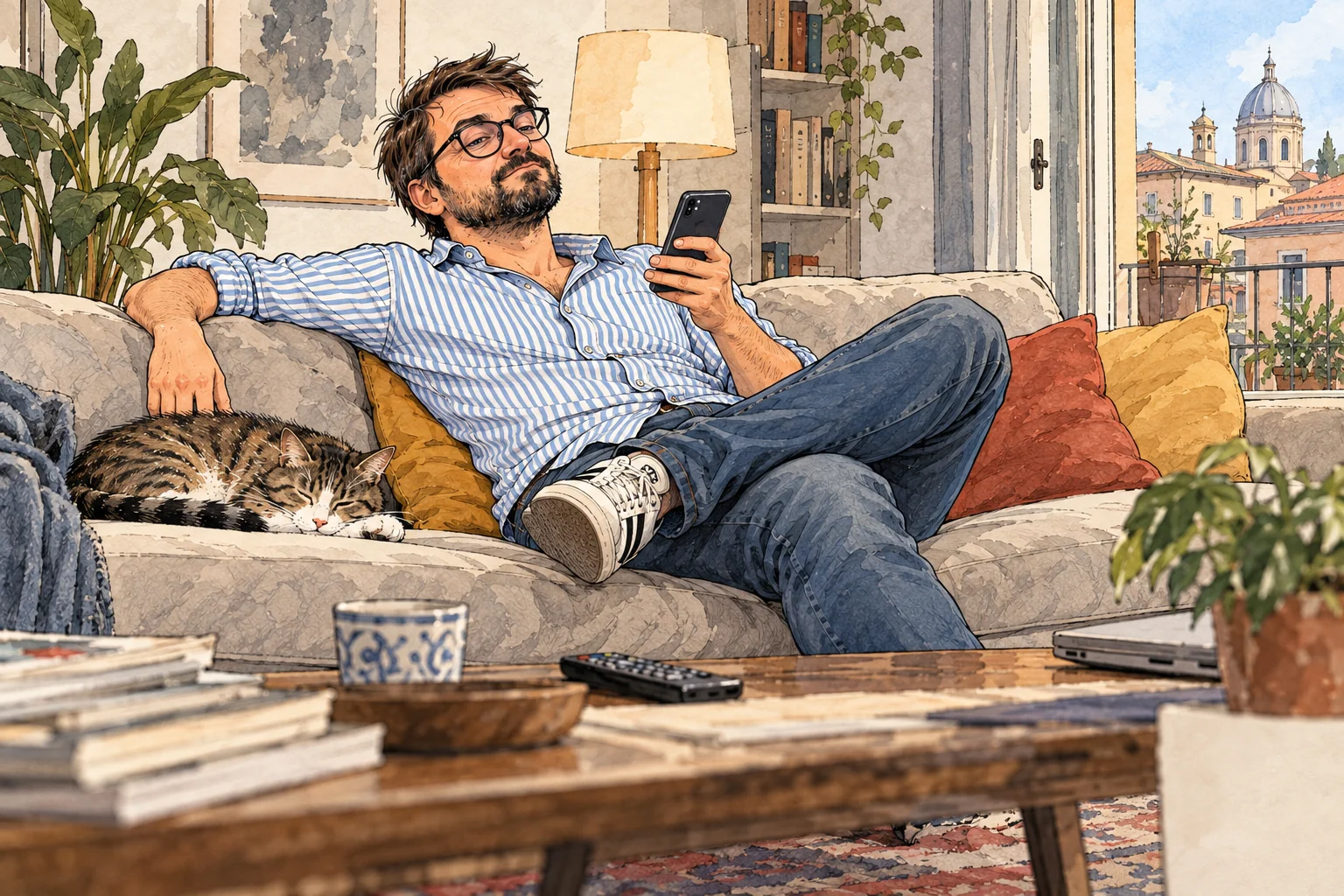Davide finge indifferenza sul divano mentre controlla il telefono