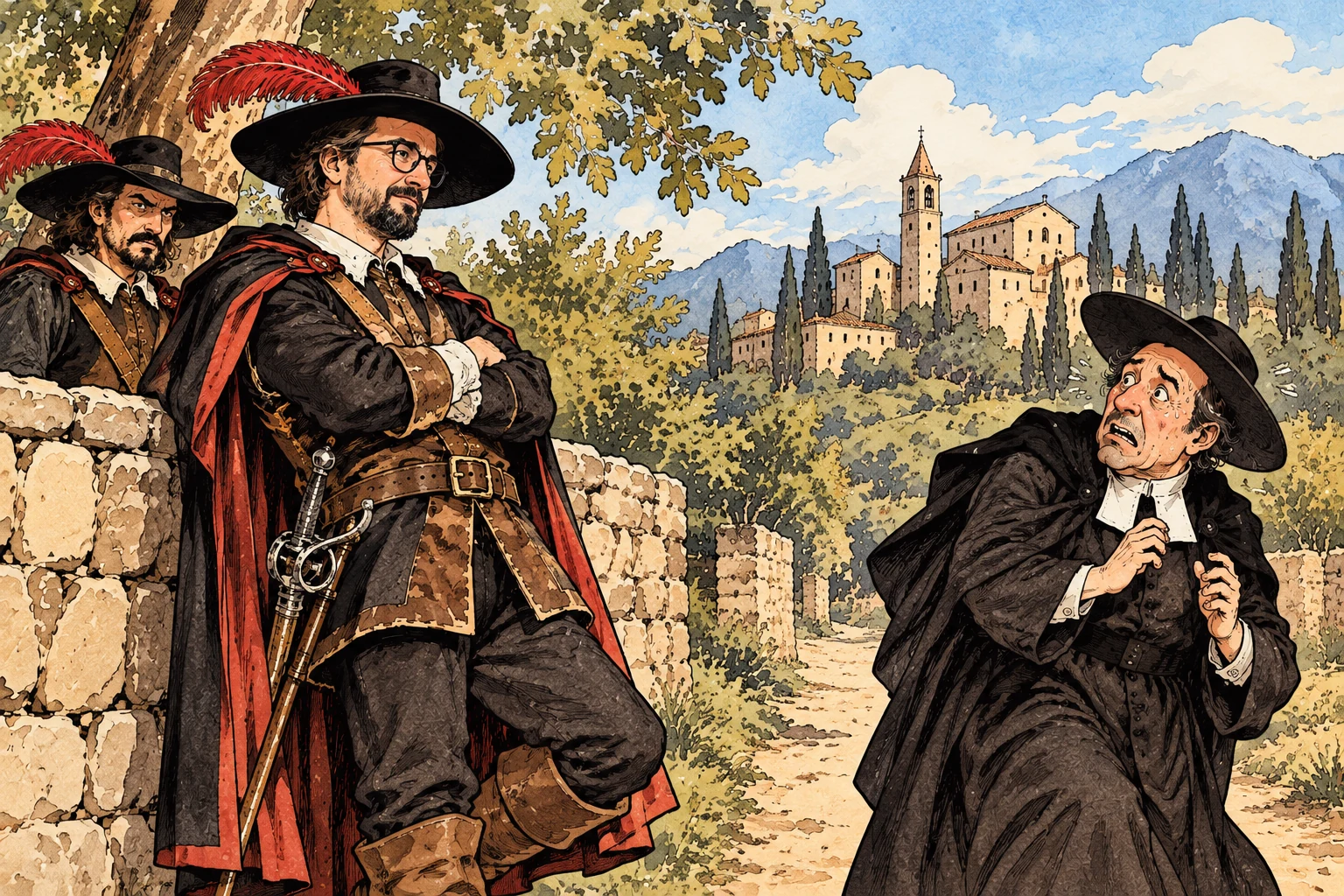 Davide dressed as a Manzoni bravo, confronting a frightened Don Abbondio