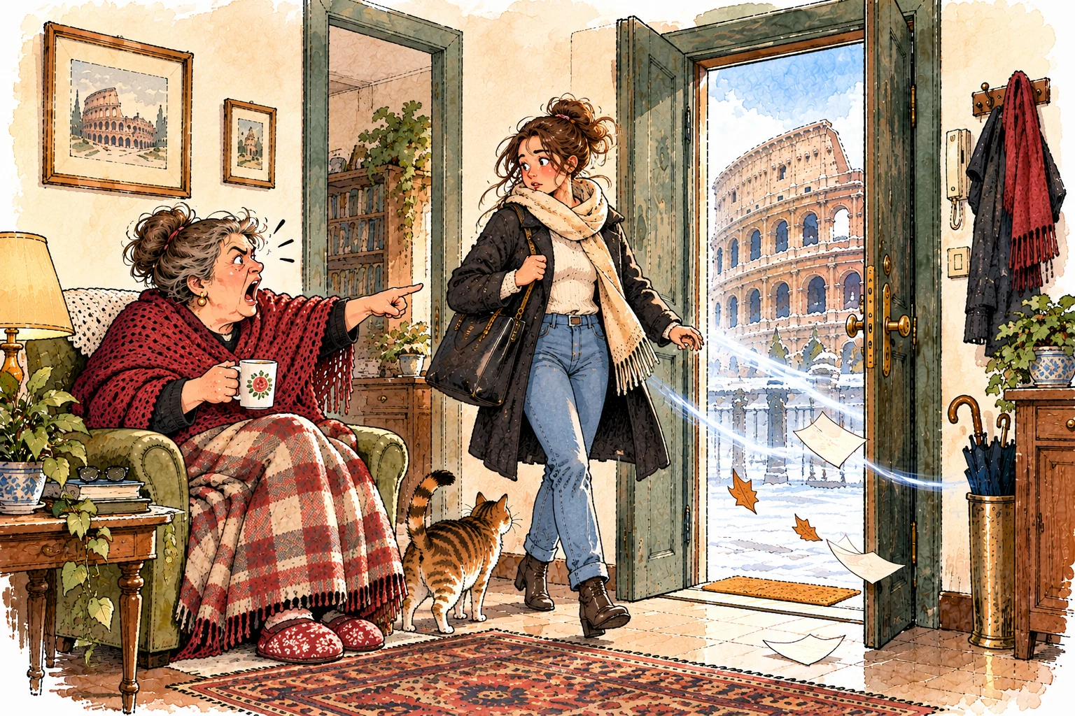 Elena entra in casa lasciando aperta la porta mentre la nonna la rimprovera; fuori si vede il Colosseo.